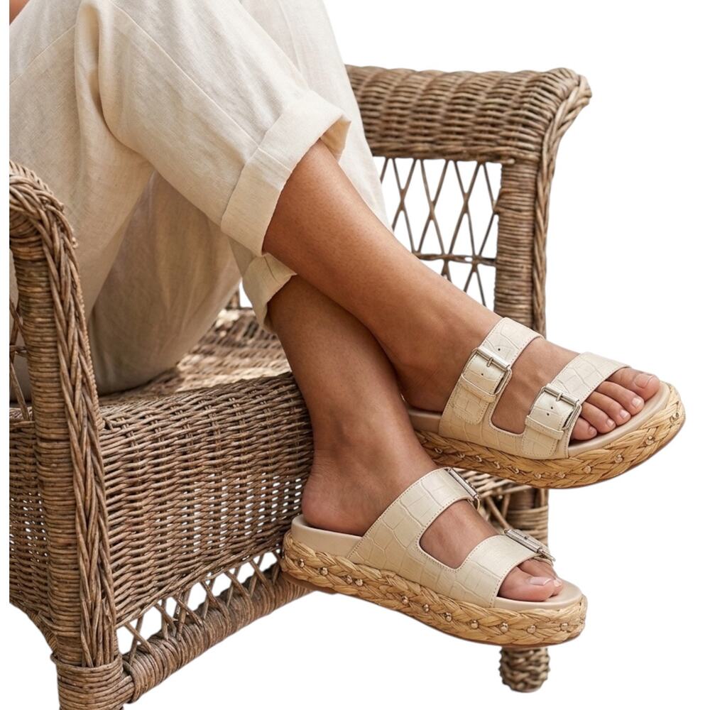 Donald J Pliner Larabee Sandal Sz 7.5M Bone Croc Leather Platform Braided Slide